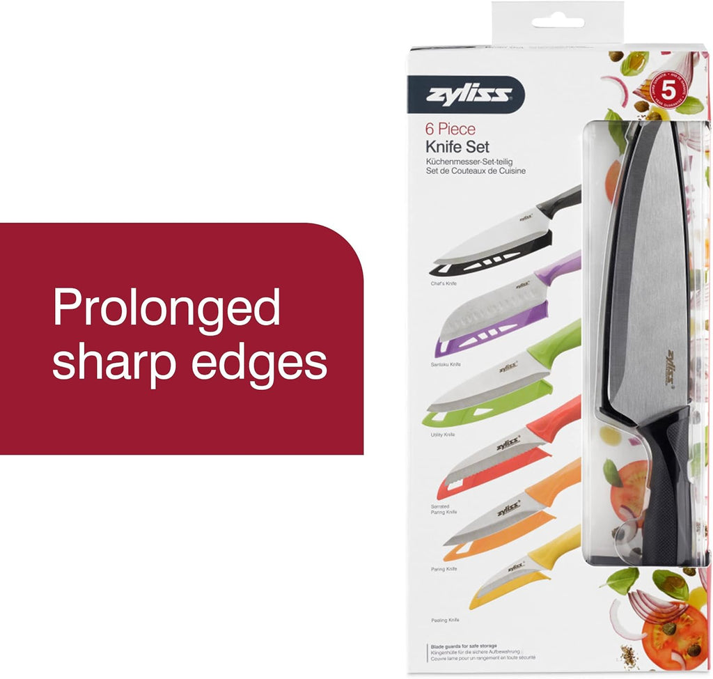Zyliss 6 Piece Knife Value Set - Kitchen Knife Set with Sheath Covers - Chef's, Santoku, Utility, Serrated Paring, Paring & Peeling Knives - Stainless Steel