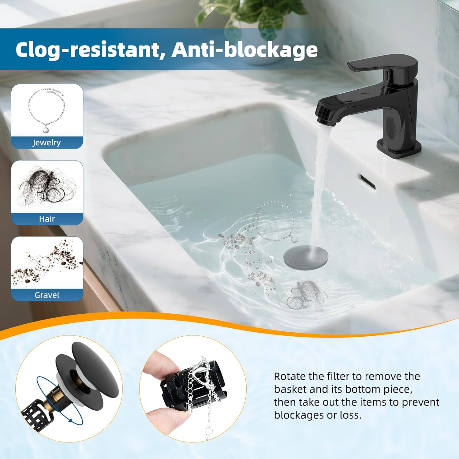 Hibbent 2 Pack Upgraded 3 in 1 Bathroom Sink Drain Strainer, Pop Up Sink Stopper with Big Push Cap, Anti-Clogging Metal Filter Basket,Sink Plug with Hair Catcher for 1.1''~2.36'' Basin, Matte Black