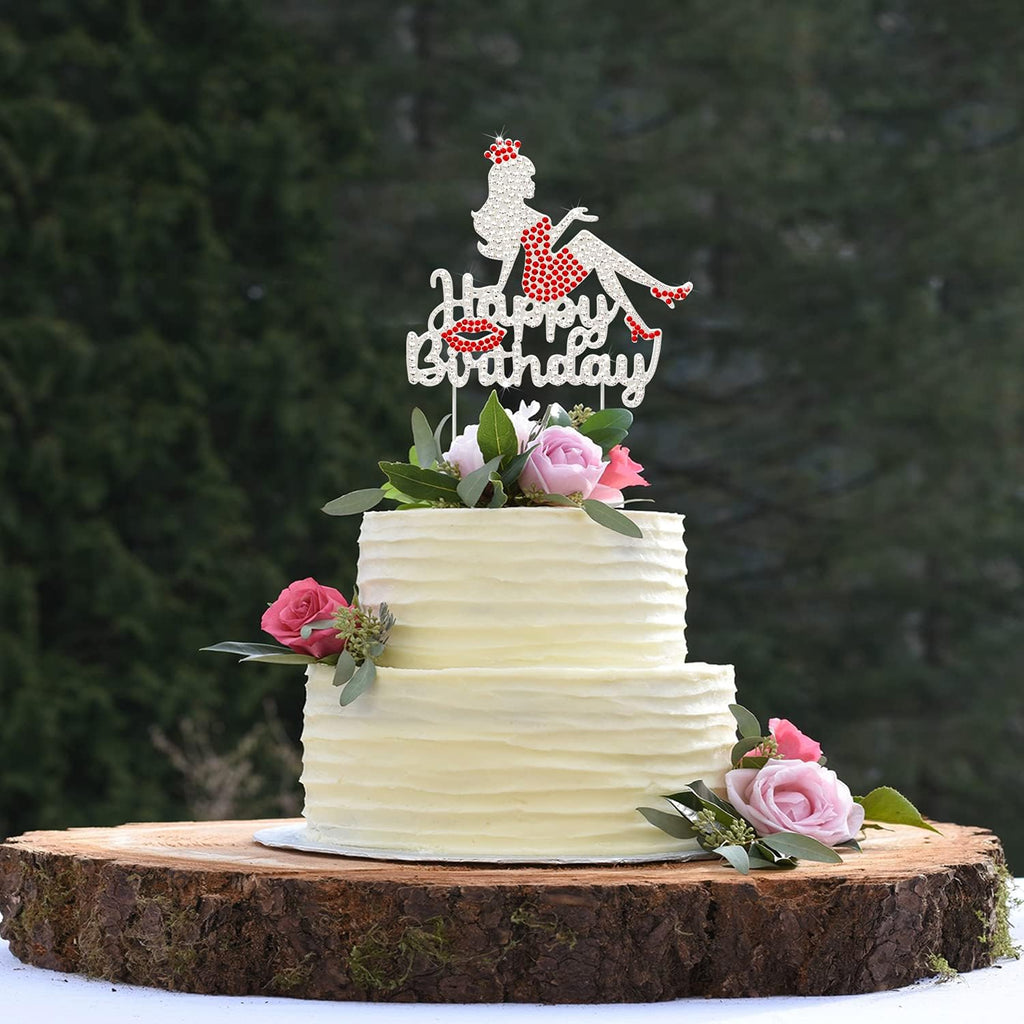 LINGTEER Happy Birthday Crown Queen Lady Rhinestone Cake Topper - Cheers to Makeup Spa Birthday Party Cake Centerpieces Decorations Gift Sign - Red.