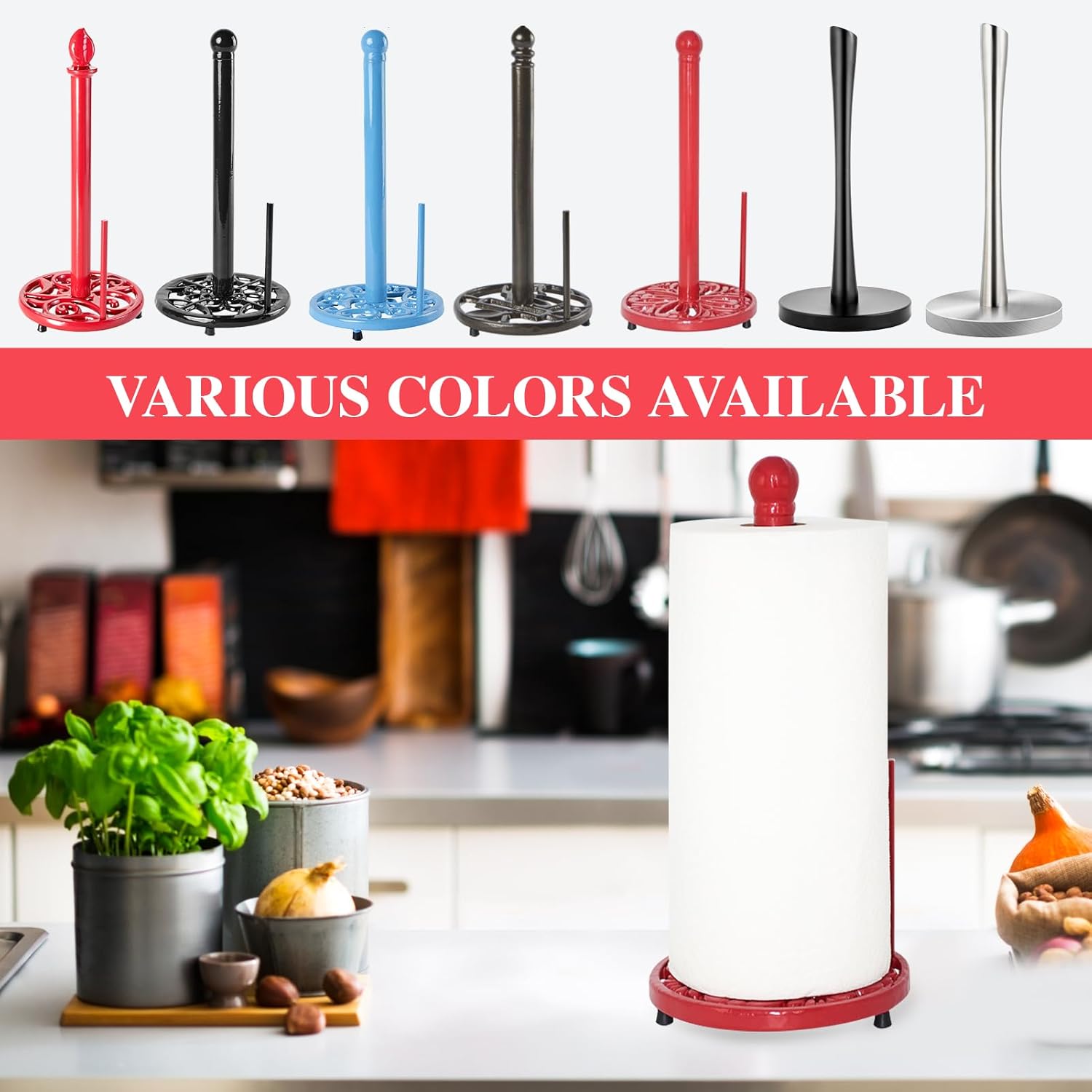 JOGREFUL Paper Towel Holder Stand, Cast Iron Kitchen Paper Towel Countertop Vintage Stand with Weighted-Base, Bathroom Organization for Family Standard Large Size Roll Paper, Mistletoe Base, Red