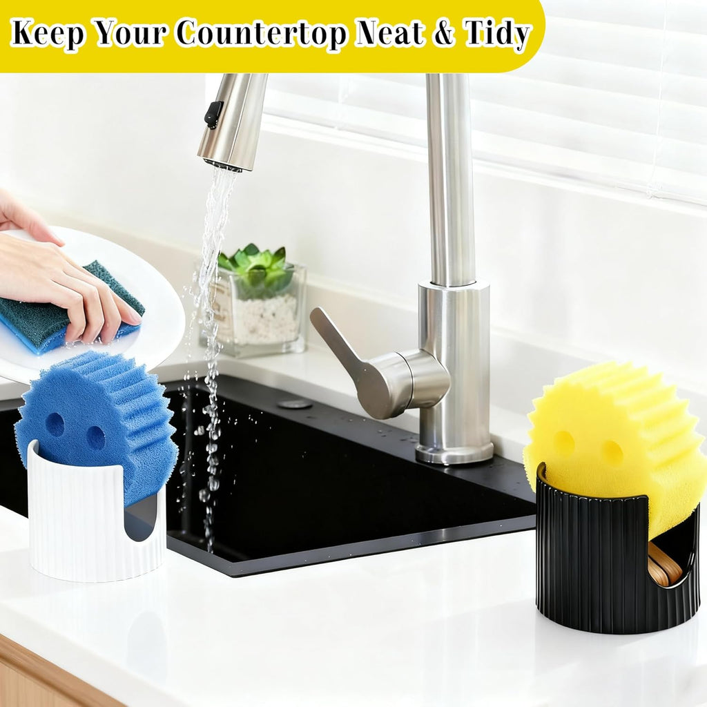 Ceramic Sponge Caddy for Kitchen Sink - Black Dish Sponge Holder, Scouring Pads Drying Rack for Countertop