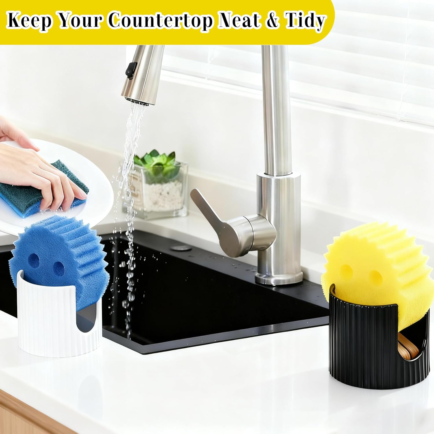 Ceramic Sponge Caddy for Kitchen Sink - Black Dish Sponge Holder, Scouring Pads Drying Rack for Countertop