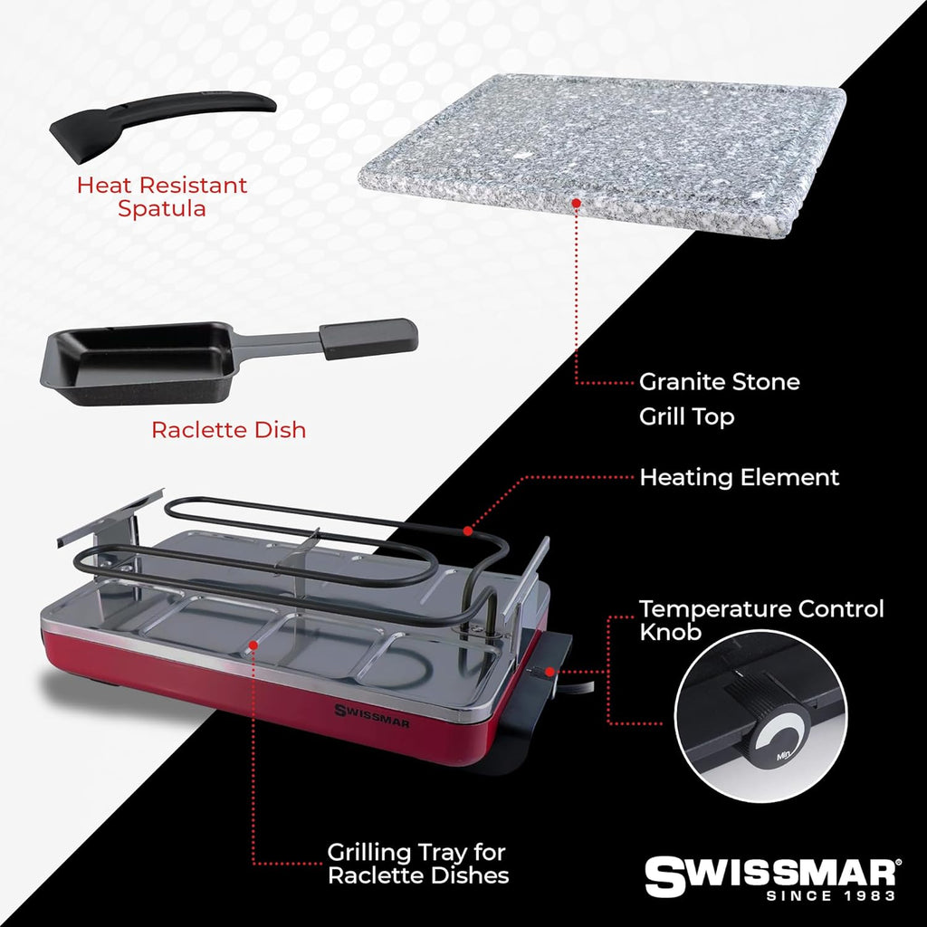 Swissmar Classic 8-Person Raclette Party Grill - Indoor Electric Grill & Griller with Granite Stone Grill Plate - Red