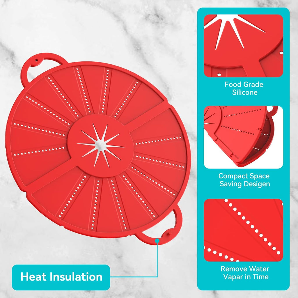 Silicone Splatter Screen for Frying Pan, Foldable Splash Guard, Multi-Use Grease Splatter Guard,Heat-Resistant Trivet Mat, 12" Non-Stick Oil Splatter Guard, Dishwasher Safe, BPA Free-red