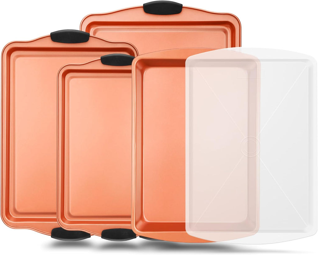 NutriChef 5-Piece Bakeware Set – Premium Non-Stick, Stackable Kitchen Baking Pans with Silicone Handles – Includes 3 Cookie Sheets, Baking Pan & Lid – Perfect for Cakes, Cookies & Brownies