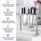 YIIYIIN Magnetic Knife Block with Acrylic Shield - Marble Based Double Side Magnetic Knife Stand - Kitchen Magnetic Knife Holder - Knife Storage - Knife Holders for Counter Top - White