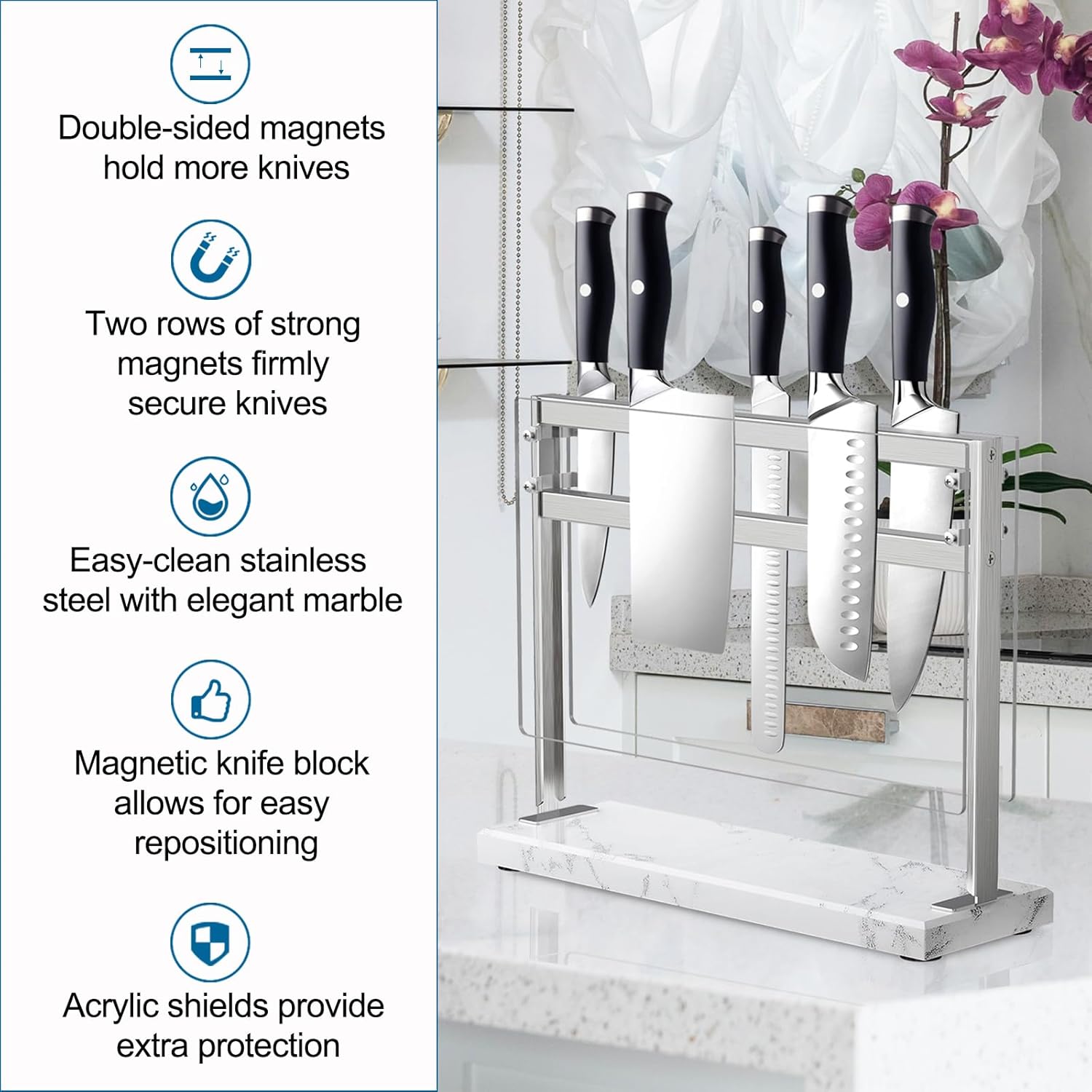 YIIYIIN Magnetic Knife Block with Acrylic Shield - Marble Based Double Side Magnetic Knife Stand - Kitchen Magnetic Knife Holder - Knife Storage - Knife Holders for Counter Top - White