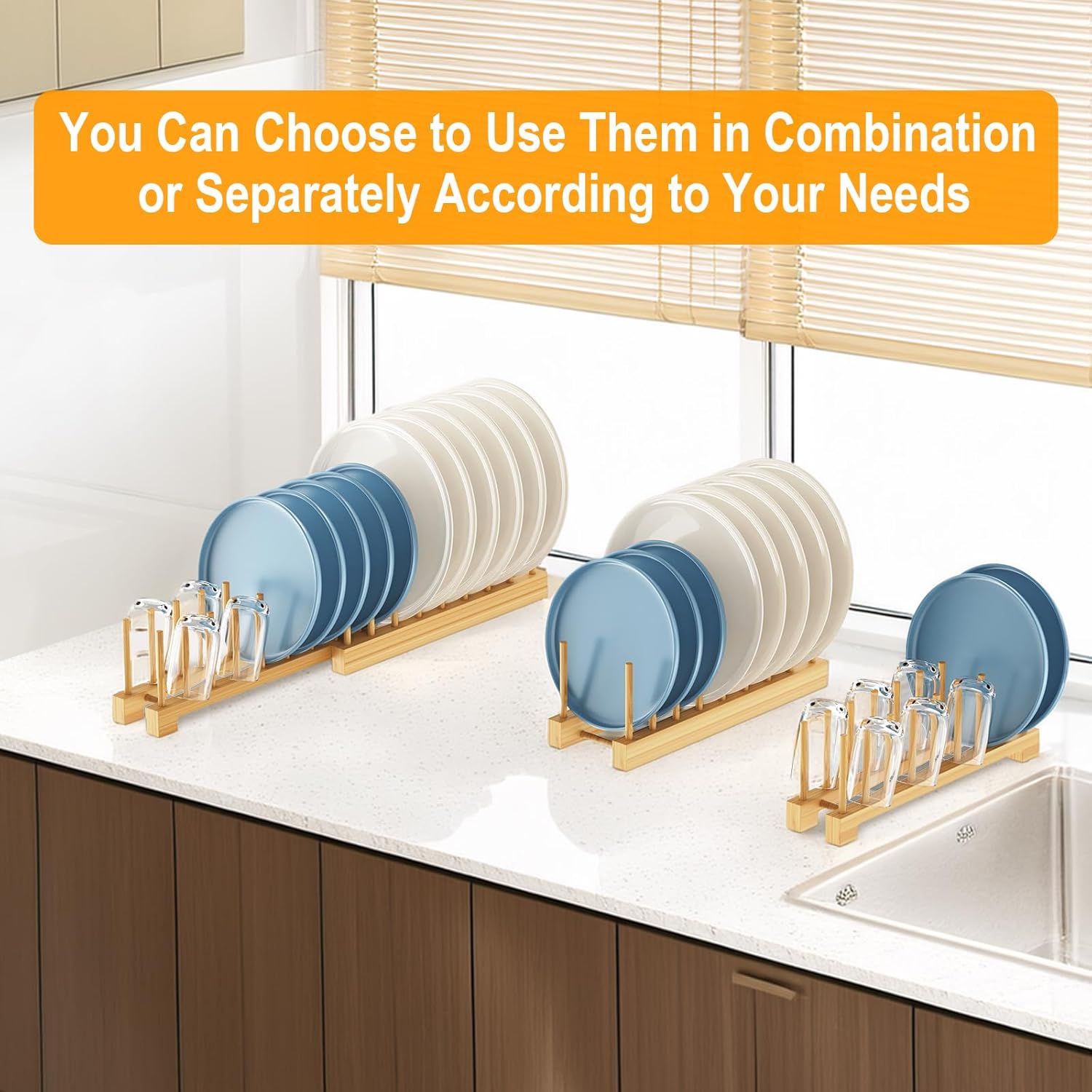 Bamboo Dish Rack - Expandable Plate Rack & Dish Drying Rack for Kitchen Cabinet Storage, Adjustable Multi-Functional Design Organizer for Plates, Bowls, Cups, Pots, Cutting Boards (Natural Bamboo)