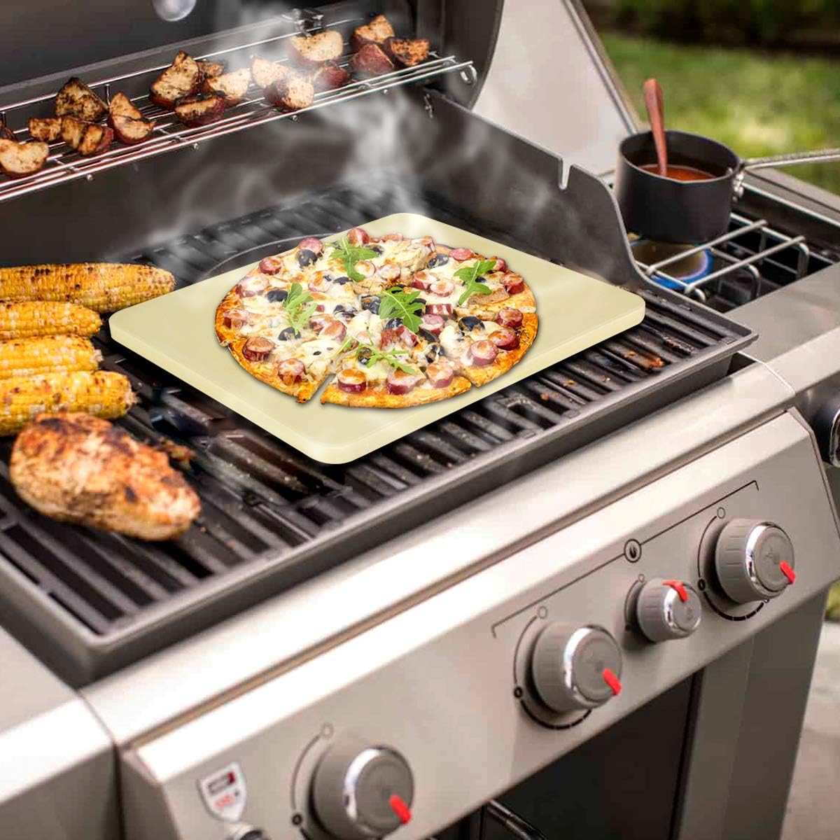 Onlyfire Pizza Stone for BBQ Oven and Grill - 15 x 12 Inch Rectangular Baking Stone Thermal Shock Resistant - Heavy Duty Large Ceramic Pizza Pan for Best Crispy Crust Pizza Bread