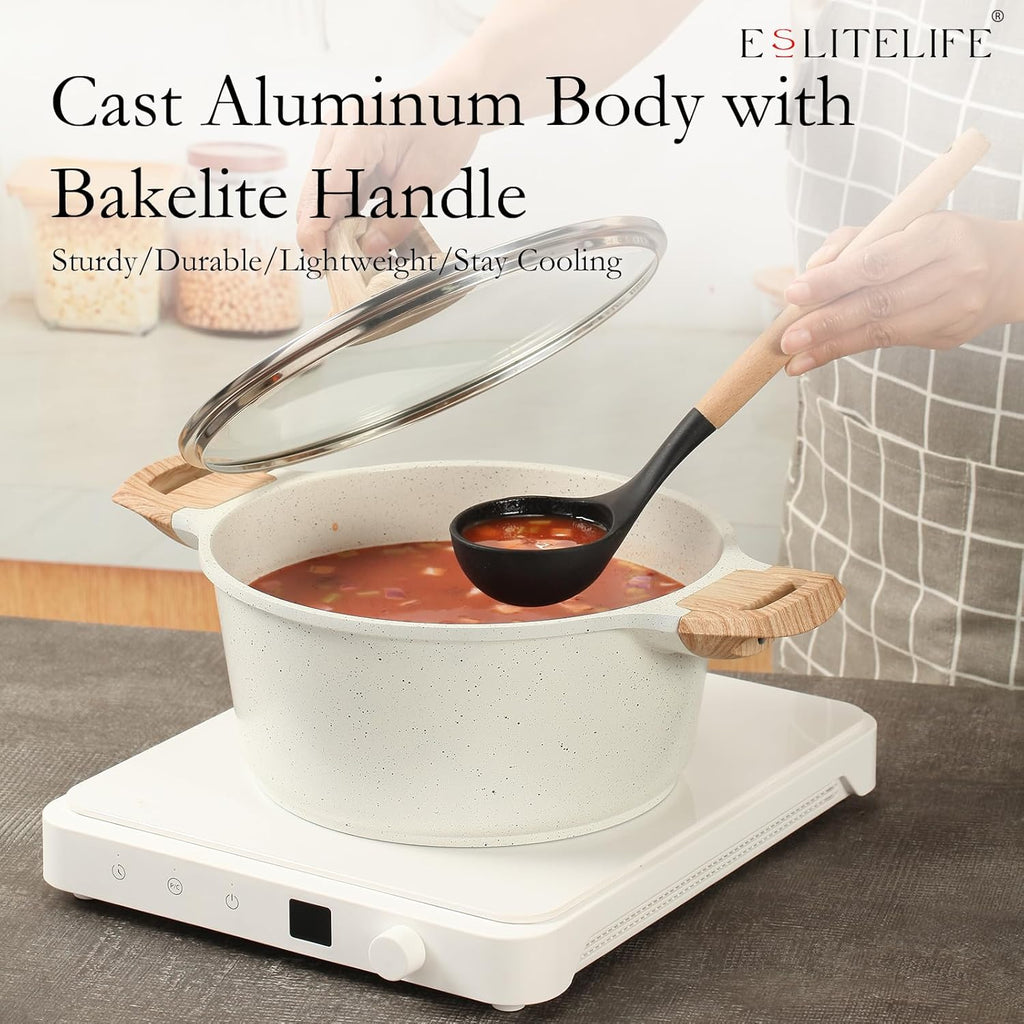 ESLITE LIFE Nonstick Stock Pot with Lid, 5 Quart Granite Casserole Large Soup Pot Pasta Cooking Pot, Induction Compatible, PTFE & PFOA Free, White