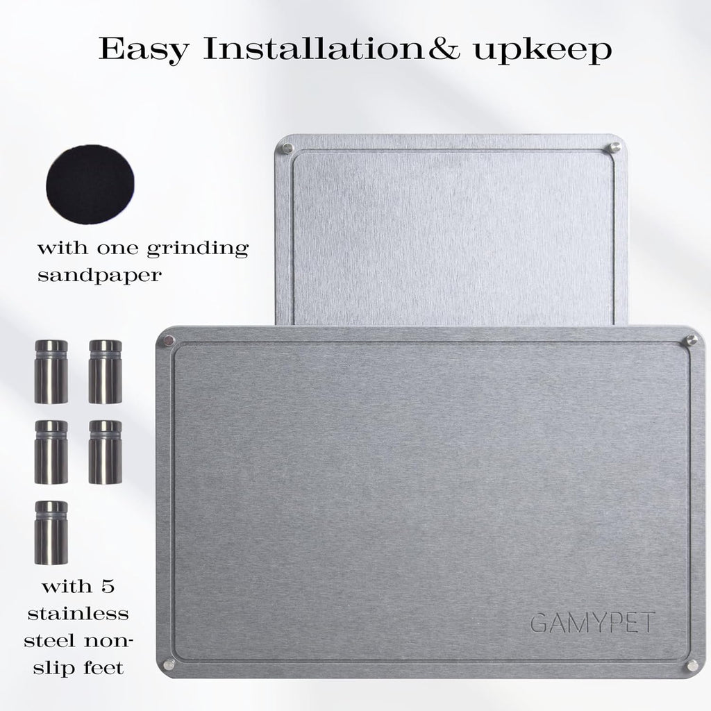 Stone Dish Drying Mat 24"×16" Large Diatomaceous Earth Dishes Quick Dry Pad for Kitchen Counter with Heighten Stainless Steel Feet, Fits Various Countertops & Drain Bowl Racks, Dark Gray