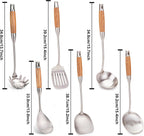 FJNATINH Wok Utensils for Carbon Steel, Stainless Steel Wok Spatula Metal Set, 6-Pieces 13-15 Inch Extra Long, Wok Tools Professional Set, Wooden Handle Skimmer, Soup Ladle, Slotted Turner