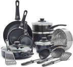 GreenLife 16 Piece Nonstick Cookware Set, Soft Grip Non-Toxic PFAS-Free Ceramic Pots & Pans, Dishwasher & Oven Safe, Frying, Sauce, Saute, Utensils, Glass Lids, Stay-Cool Handles, Wobble Free, Black