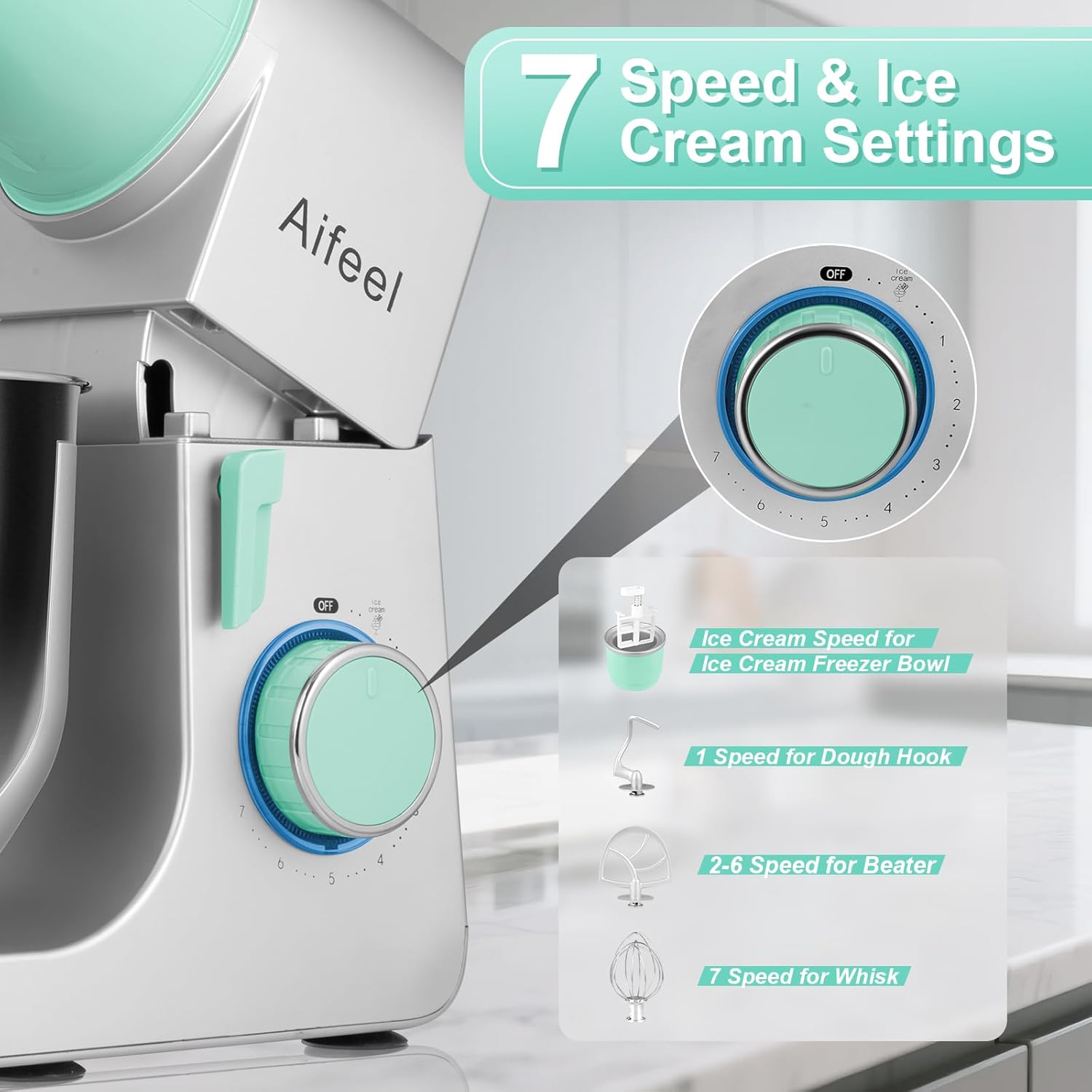 Aifeel Stand Mixer,6.5QT Kitchen Electric Mixer with 2QT Ice Cream Maker Bowl, 6 in 1 Multifunctional Bread Dough Mixer with Dough Hook,Whisk & Beater, Food Mixer for Baking (Green-Silver)