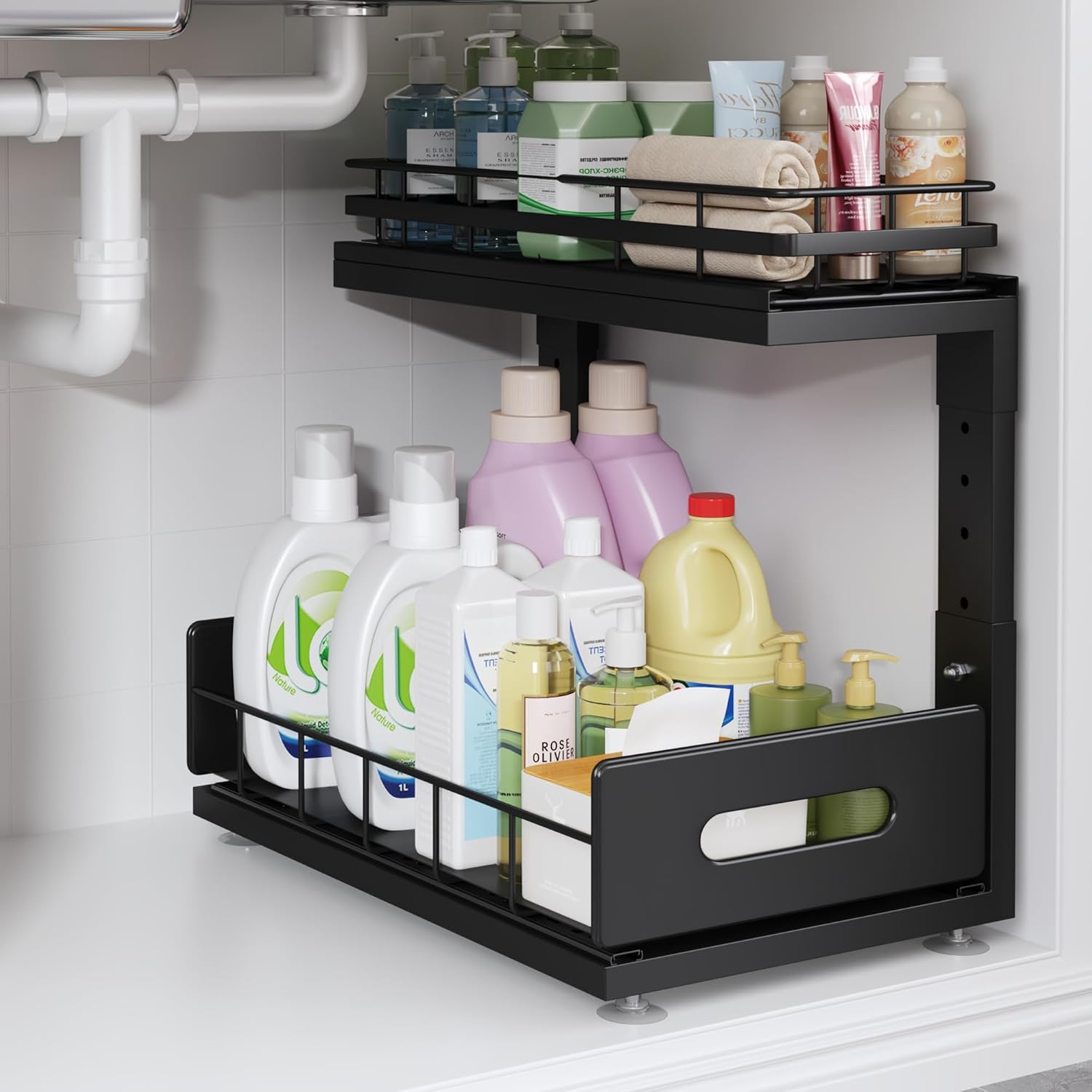 1 Pack Under Sink Organizer Upgrade To Professional Rails,2-Tier Dual Pull Out Cabinet Storage,Height Adjustable Slide Out Drawers For Bathroom Kitchen,Under Sink Shelf-Black