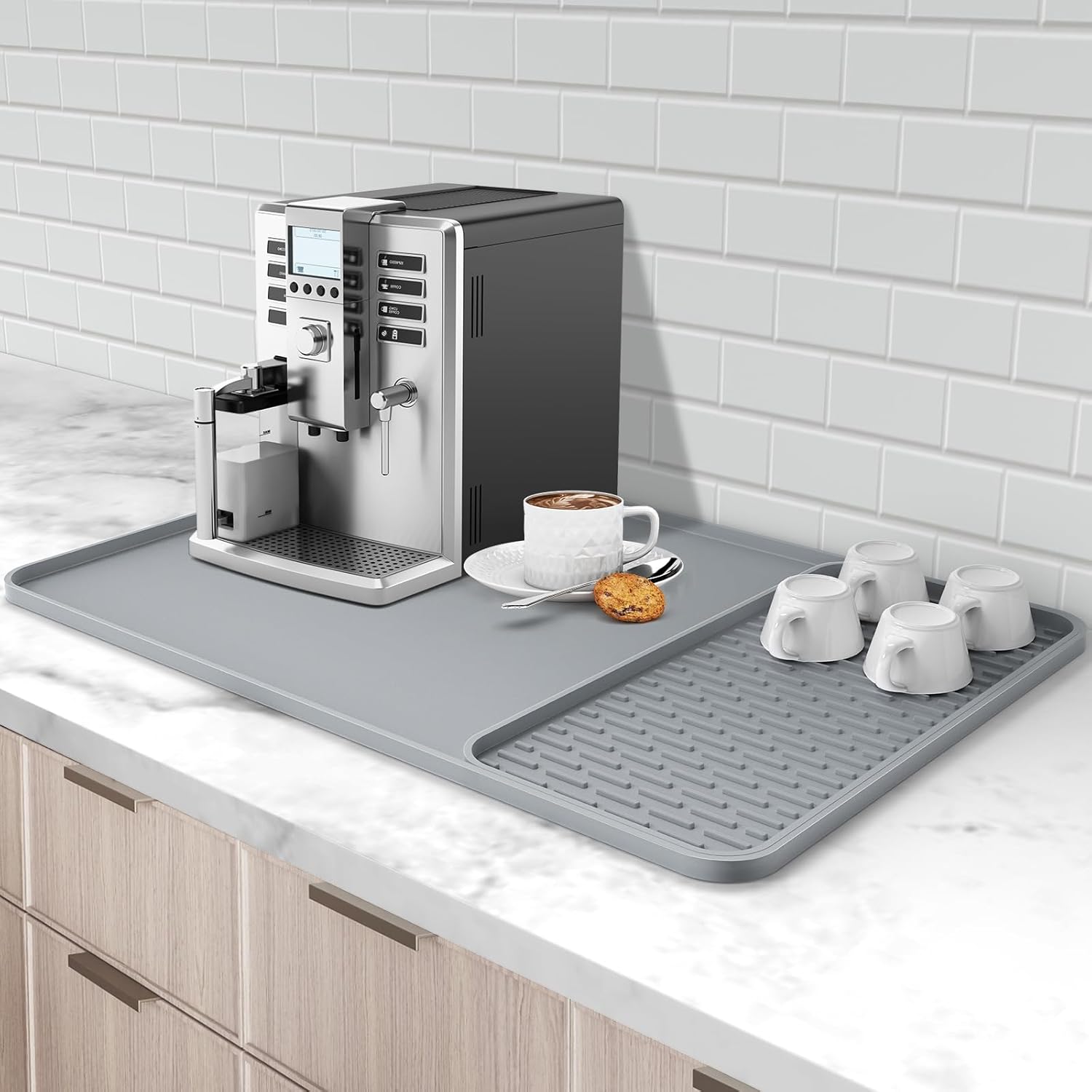 Silicone Coffee Mat, 24'' x 16'' Bar Mat with Detachable Dish Drying Mat for Countertops, Fits Under Coffee Maker, Machine, Espresso Machine, Dish Rack