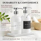 Lotion, Hand & Dish Soap Dispenser for Kitchen Sink - Bathroom Soap Dispenser Set of 2 16.8 Oz Glass Bottles with Stainless Steel Pump, 15 Water Proof Labels & Silicon Tray (White/Silver)