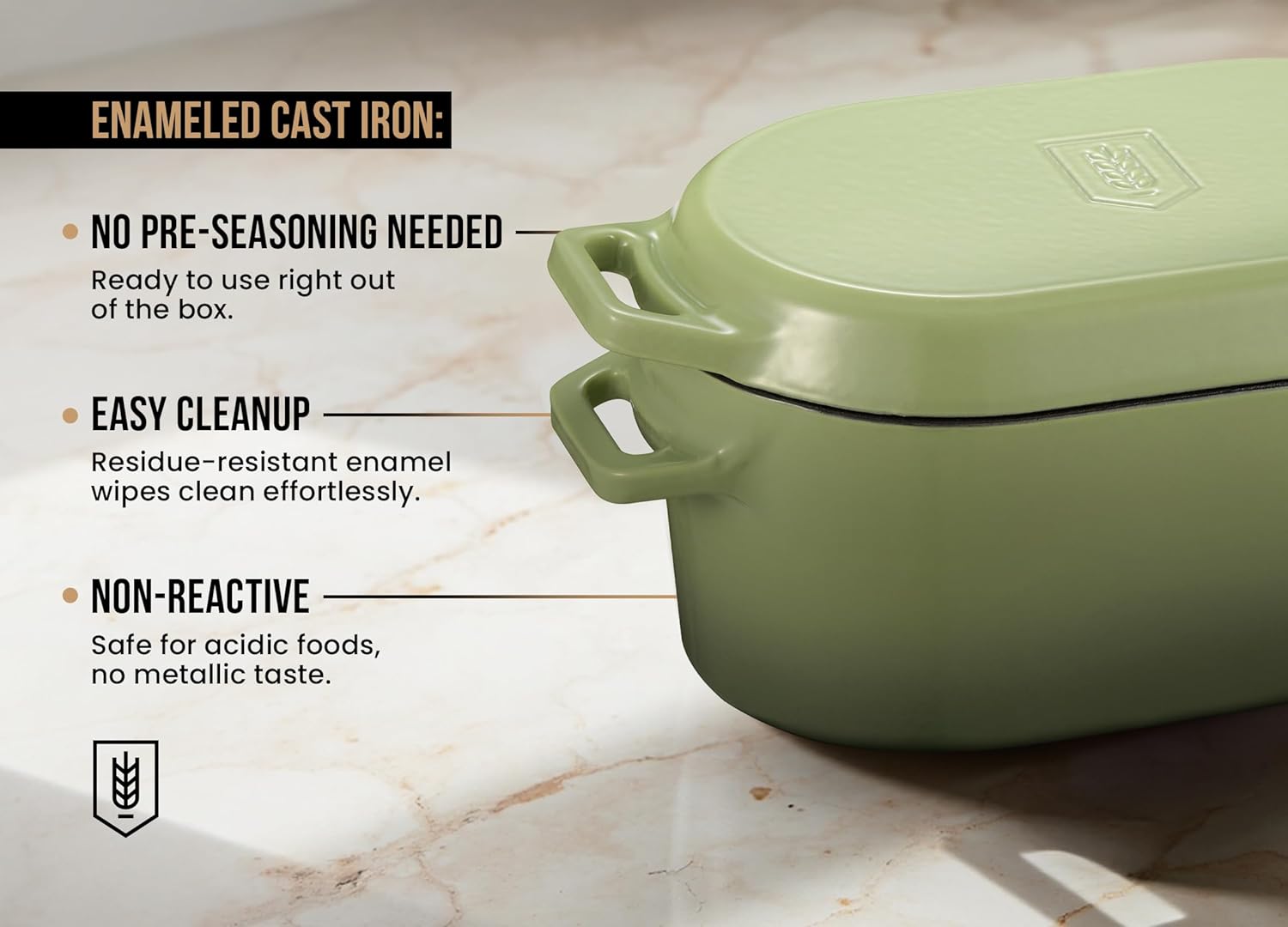 Kook Dutch Oven with Lid, Dual Handles, Enameled Cast Iron, Great for Baking Bread, Cooking and Roasting, Dishwasher Safe, 3.4 Qt, Sage Ombre