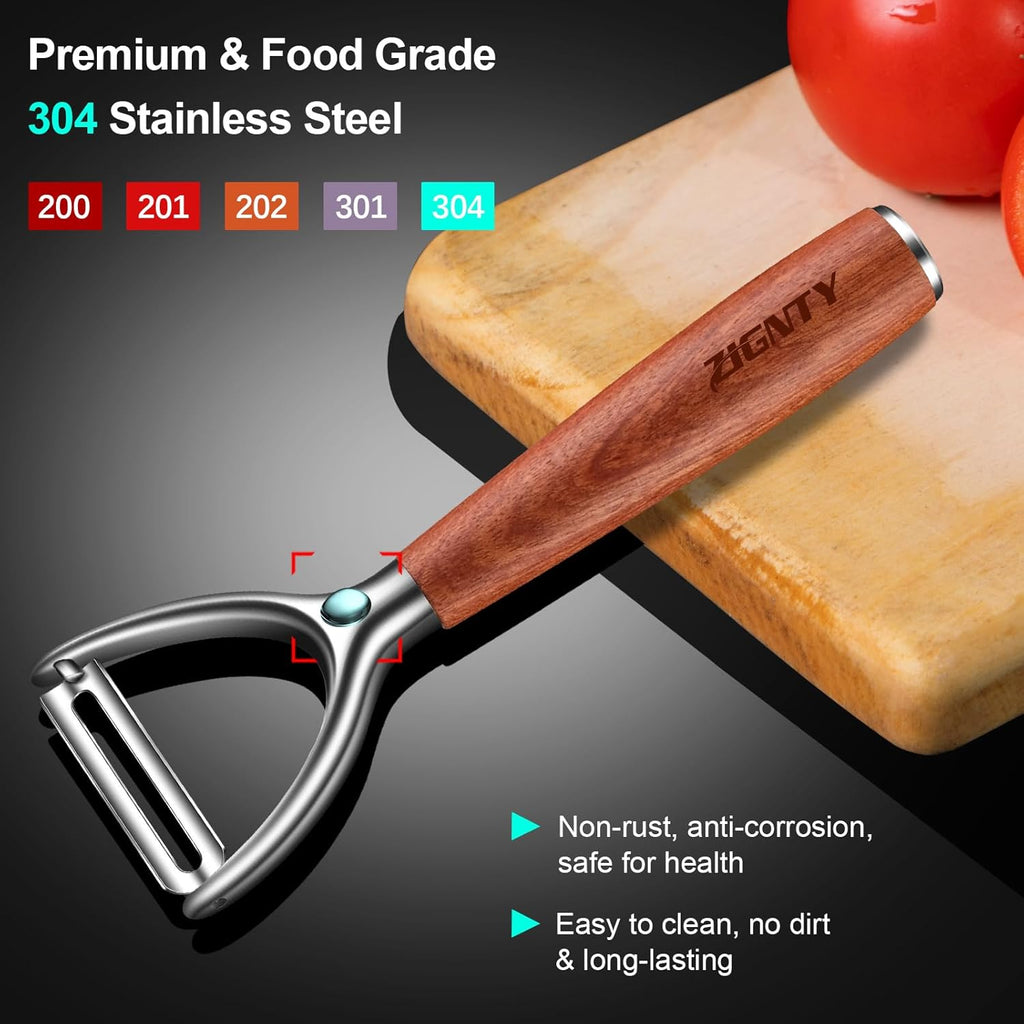 Premium Vegetable Peeler Stainless Steel，Ultra Sharp Potato Peelers for Kitchen, Swivel Blade Veggie Fruit Peeler, Carrot Cucumber Peeler with Ergonomic Wood Handle Y Peeler（5 Years Warranty）