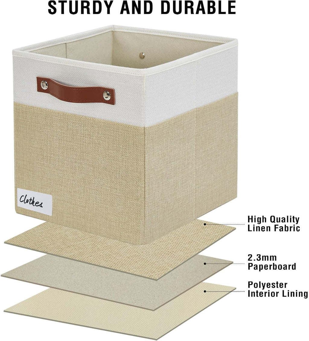 Collapsible Fabric Storage Cube Bins with 2 Reinforced PU Handles, Foldable Storage Organizer Baskets for Closet, Shelves, Living Room | 11"x11"x11", 4 Pack, Beige & White