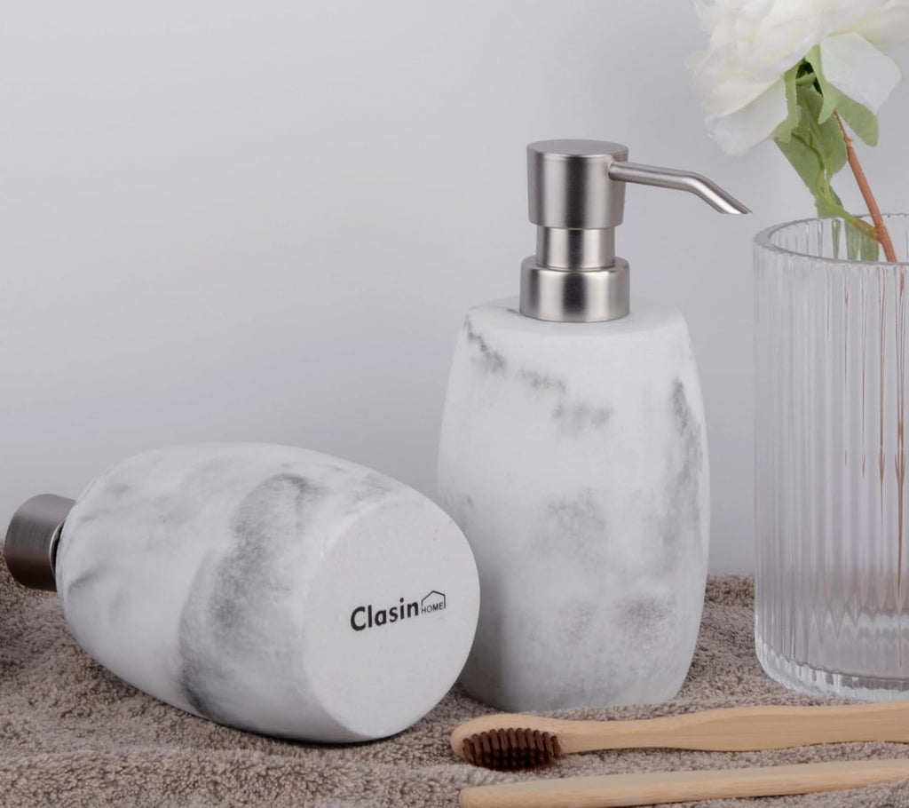 Resin Soap Dispenser Set 2, Refillable Hand Soap Dispenser with White Marble Look and Metallic Pump, Kitchen, Bathroom, Waterproof Labels (12 Oz)