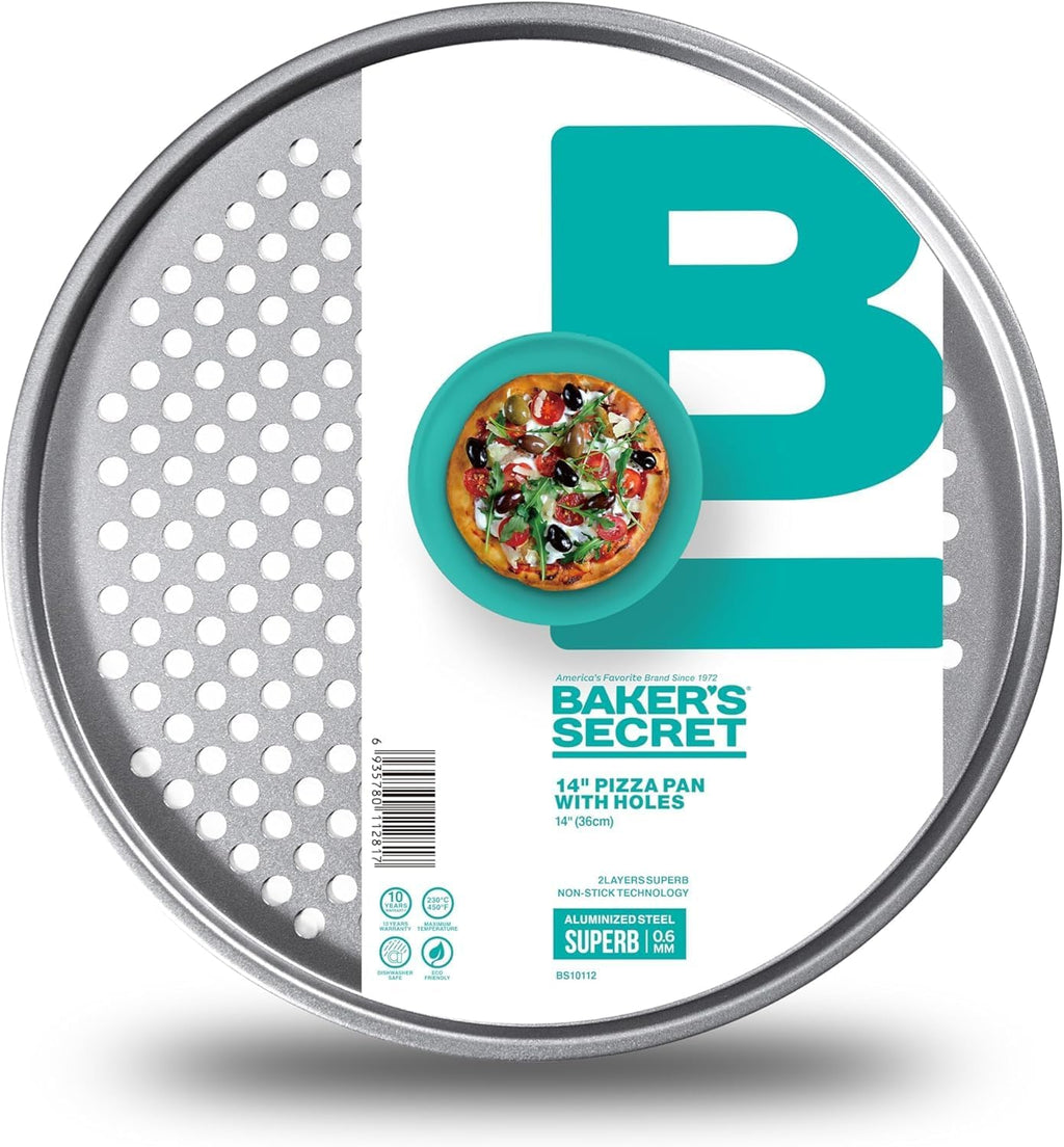 Baker's Secret Pizza Pans for Oven, Aluminized Steel Pizza Baking Pan, 2 Layers Non-stick Coating Easy Release, Dishwasher Safe - The Superb Collection (1x Pizza pan & Crisper set)