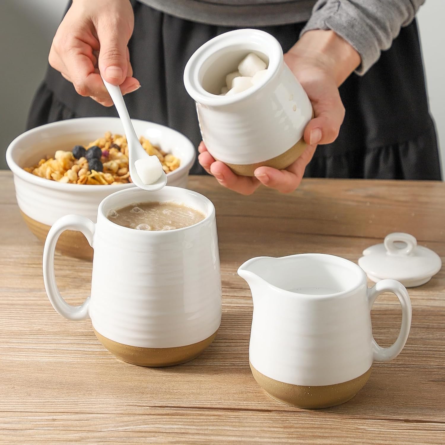 glowworm Sugar and Creamer Set, Vintage Porlcelain Pitcher Creamer Sugar Bowl with Lid, 11 Ounce Sugar Bowl, 10 Ounce Cream Pitcher, Dishwasher Safe, White
