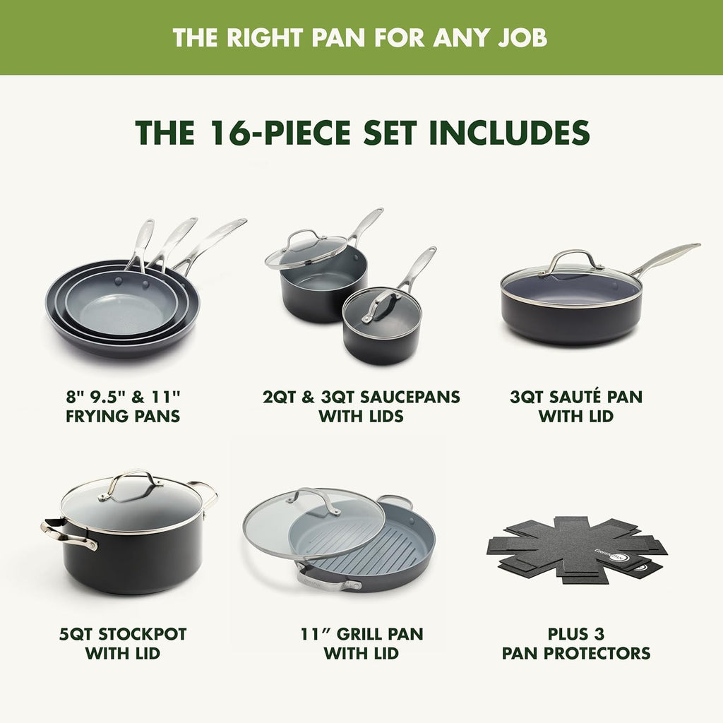 GreenPan 16 Piece Valencia Pro Ceramic Nonstick Cookware Set, PFAS-Free, Induction Ready, Hard Anodized Pots & Pans with Lids, Compatible on All Cooktops, Dishwasher & Oven Safe, Gray