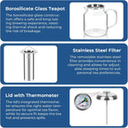 Aquach 68oz Glass Teapot with Built-in Thermometer, Stovetop & Dishwasher Safe, Borosilicate Carafe and Stainless Steel Removable Infuser