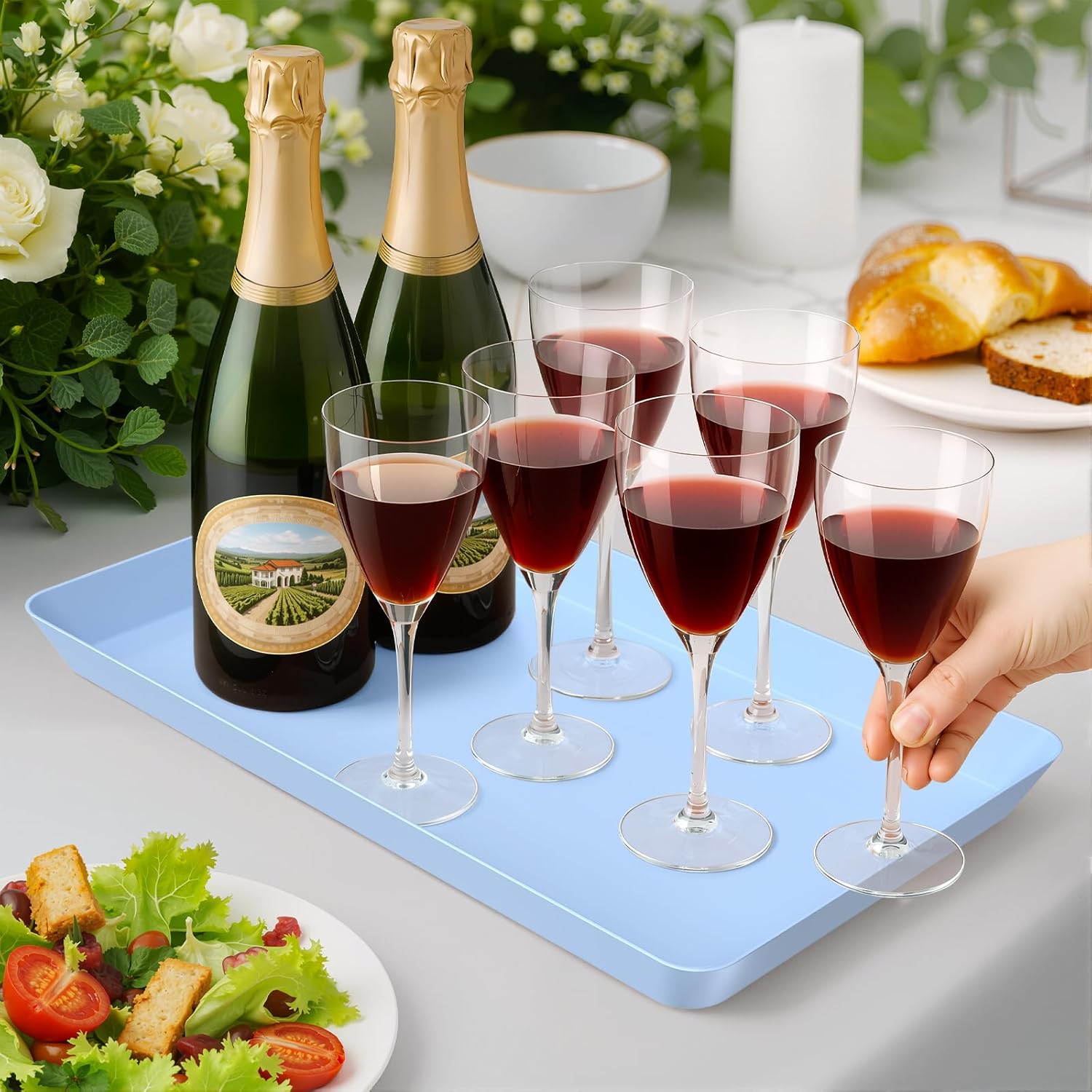 WOWBOX 4 pcs Serving Tray for Entertaining, Serving Platters for Snacks, Fruit, Cookies, Dessert, Reusable Plastic Trays for Serving Food and Pantry Organization in Kitchen & for Parties, (Blue)