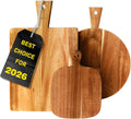 Acacia Wood Cutting Board Set of 3 with Handles – Round, Rectangular & Paddle Charcuterie Boards for Cheese, Meat, Pizza, Bread & Fruits