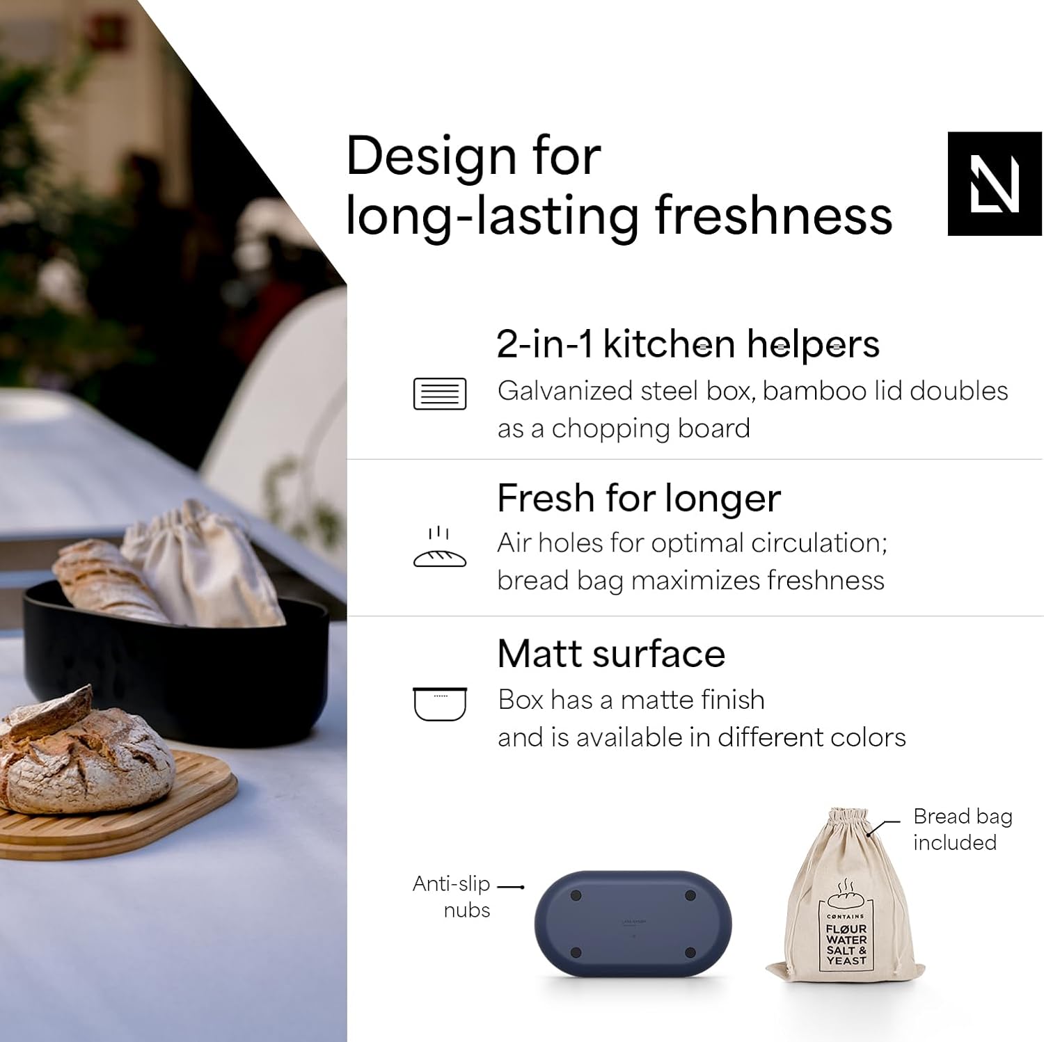 LARS NYSØM Bread Box I Metal Box with linen bag for long lasting freshness I Bread Bin with bamboo lid usable as cutting board I 14.2x7.5x5.1 In (Midnight Blue)