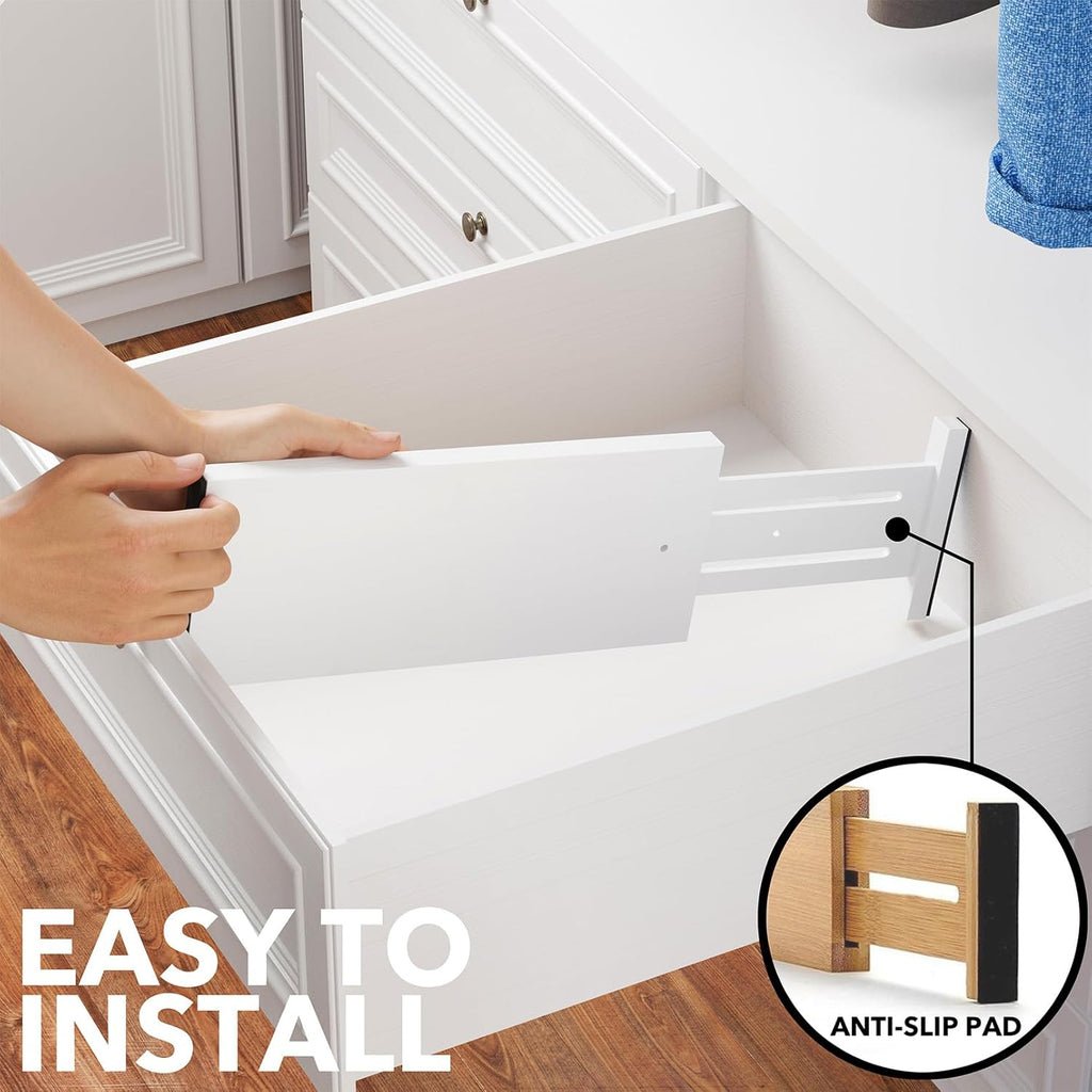 SpaceAid Bamboo Dresser Drawer Dividers 6 Pack, 4.65“ High Adjustable 12.5“-17” Drawer Organizers, Expandable Organization for Clothing, Clothes, Dressers, White