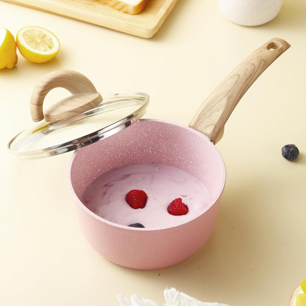 Pots and Pans Set Non Stick, Ceramic Cookware Set with Granite Pattern, Induction Kitchen Cooking Sets w/Frying Pans, Saucepans, Casserole with Lids, Non-Toxic, PTFE/PFOA/PFOS-Free, Pale Pink