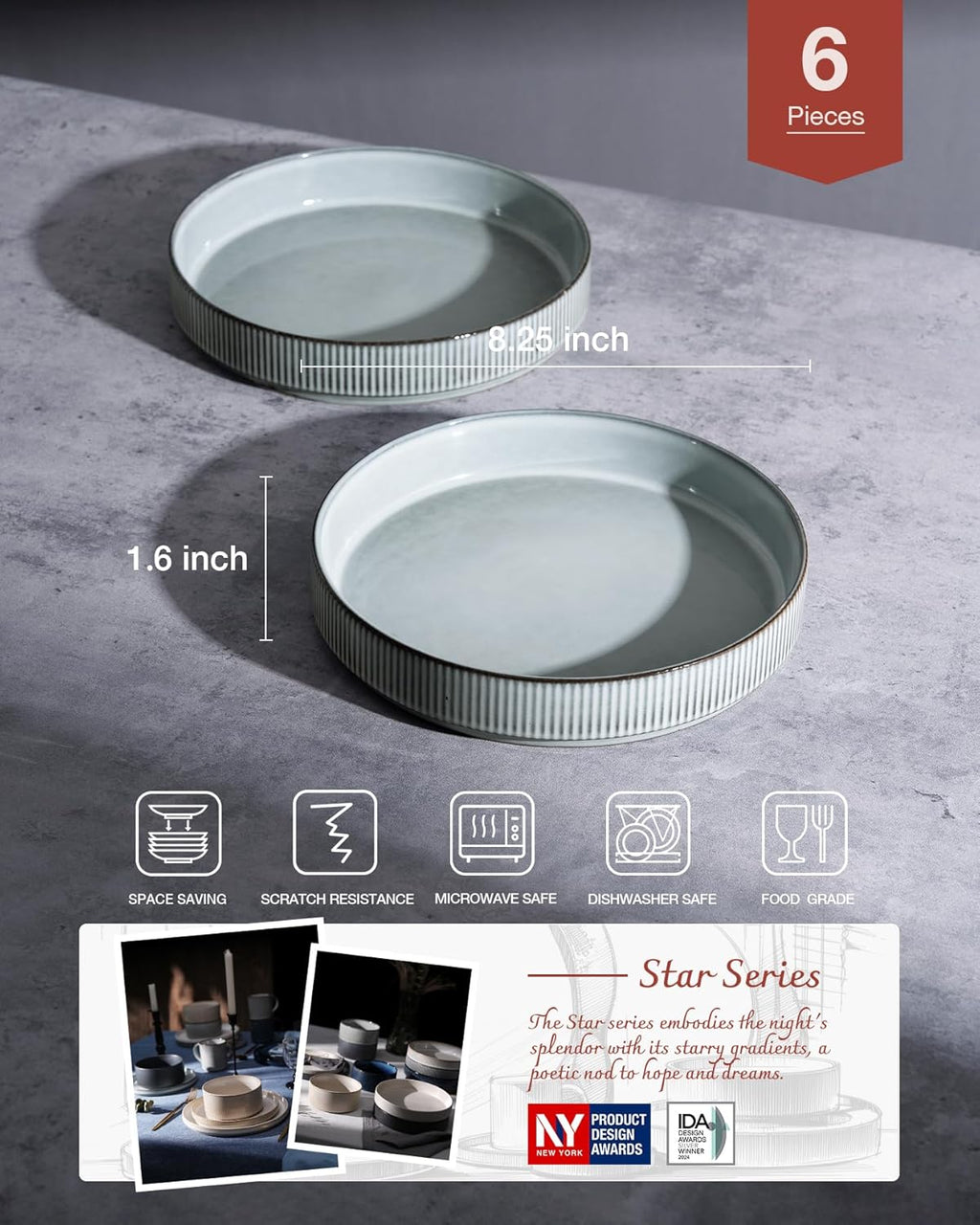 famiware Star 8.25" Pasta Bowls, Large Dinner Bowls Set of 6, Salad Bowl Plates, Shallow Bowls for Eating, Smoky Blue
