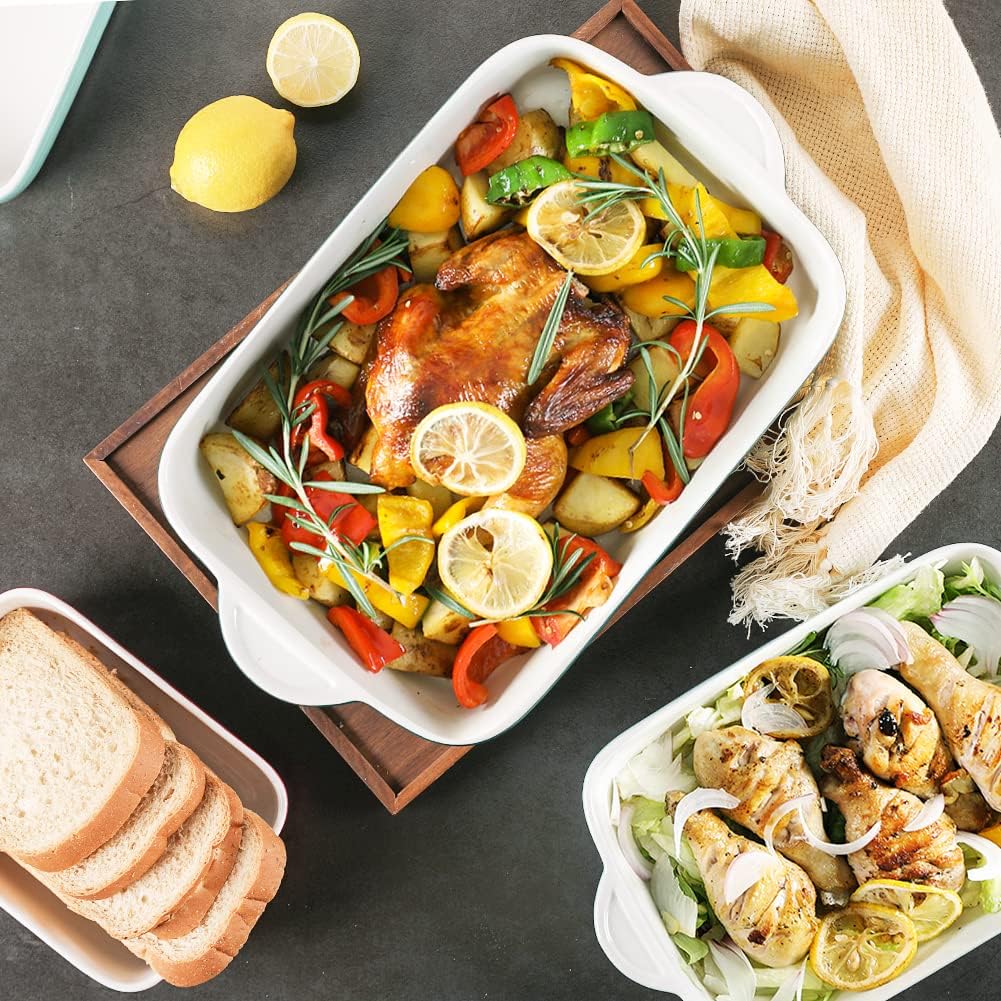 Sweejar Casserole Dishes for Oven, Ceramic Bakeware Set of 3, Lasagna Pan Deep with Handle, Rectangular Baking Pan Set, 9x13 Baking Dish for Cooking, Banquet and Daily Use (White)