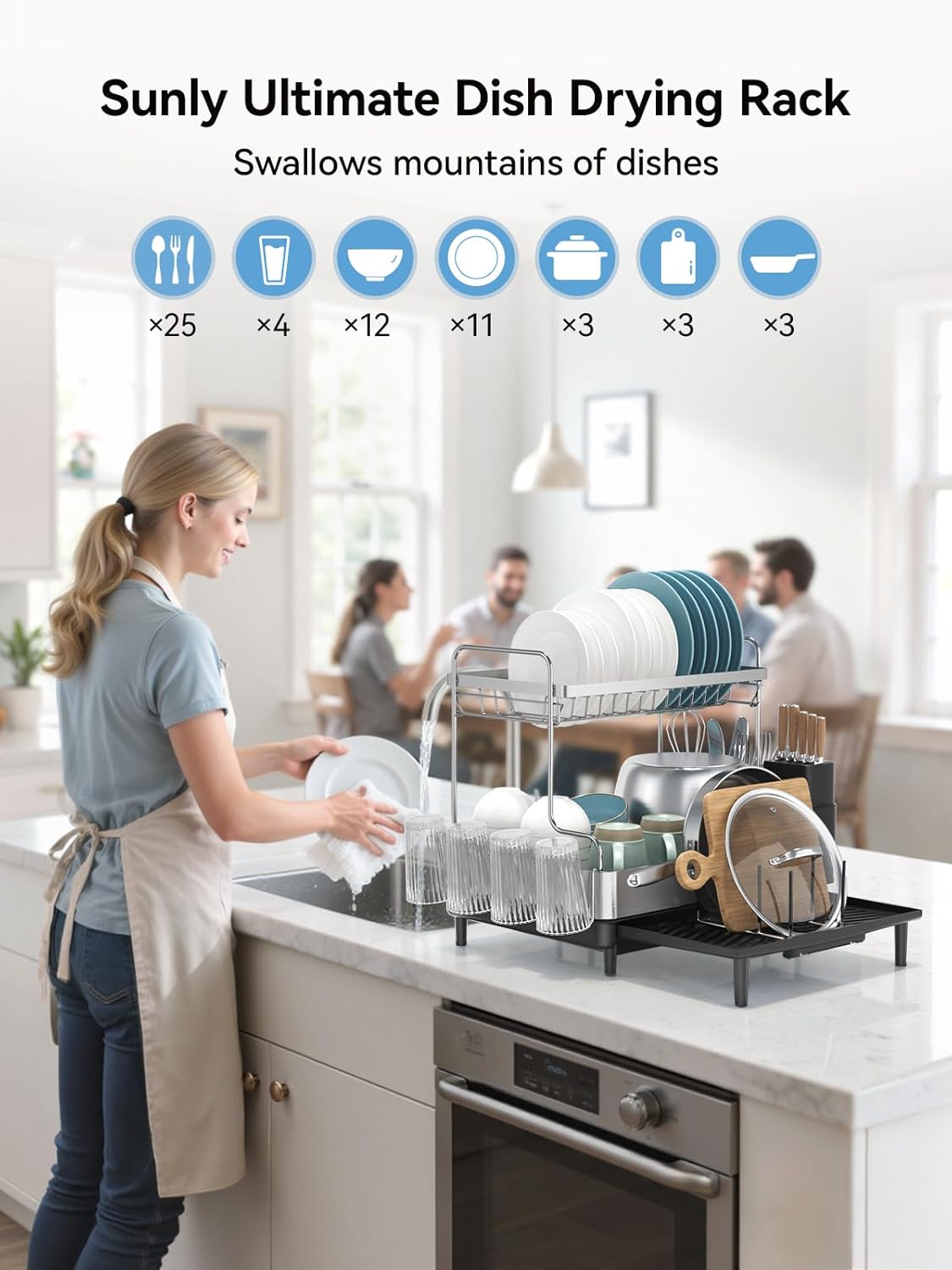 SUNLY 2 Tier Dish Drying Rack, Extra Large Dish Rack, Expandable Dish Racks for Kitchen Counter, Multifunctional Large Dish Drainers for Kitchen Counter, Black