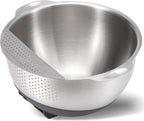 18/10 Stainless Steel Rice Strainer Washer Bowl Versatile Good Grips Colander Tiltable Side Drainers for Washing Cleaning Rinsing Fruits, Vegetables, and Beans - Non-slip Silicone Bottom