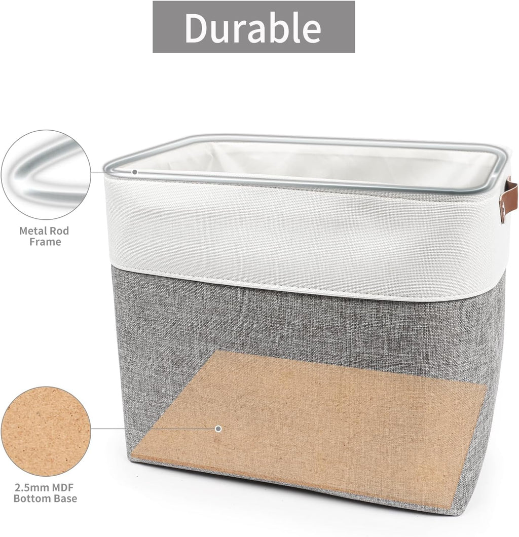 Large Fabric Storage Baskets | 50L Storage Bins, Decorative Linen Closet Baskets with Handles for Organizing, Shelf, Toys, Clothes, Home, Office, Nursery, 17x12x15Inches (Grey&White)