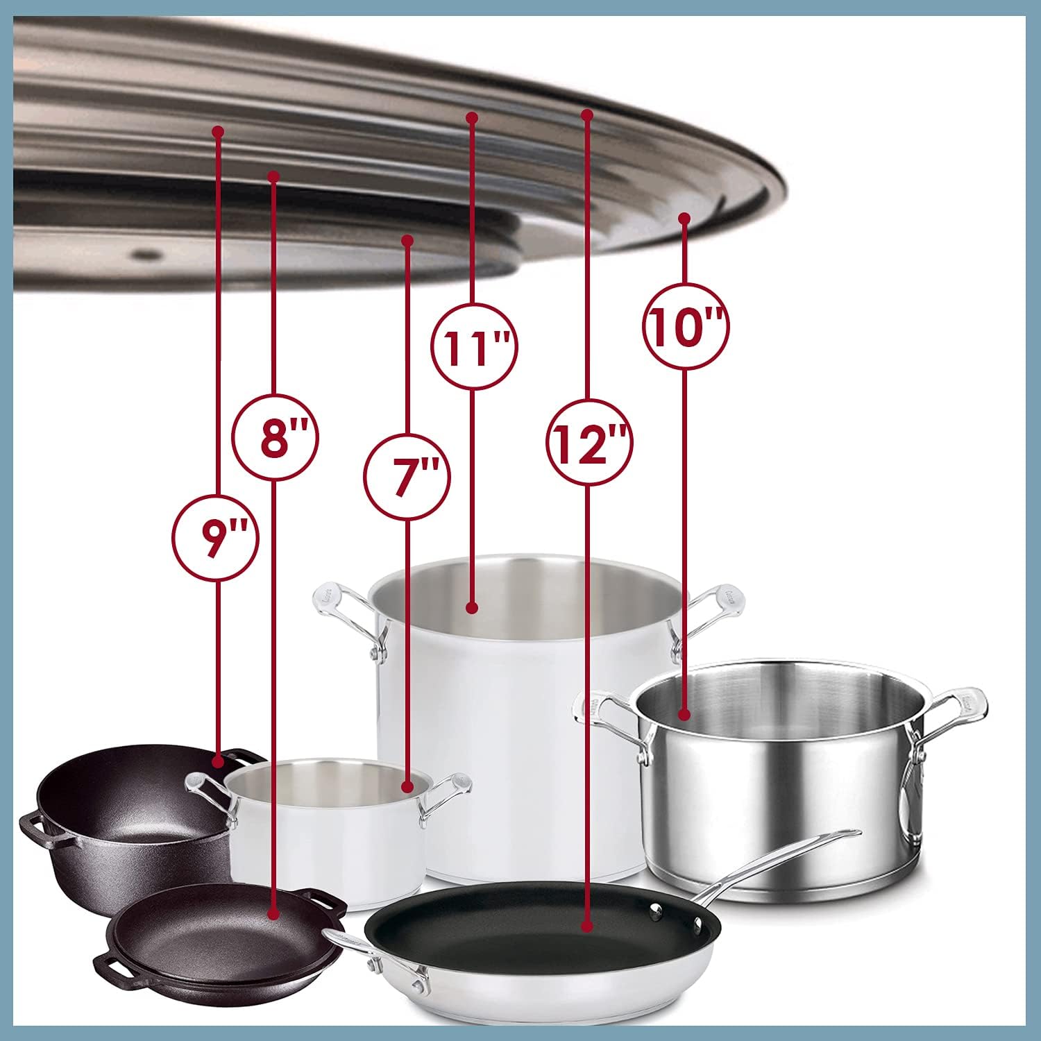 Stainless Steel Universal Lid for Pots, Pans and Skillets - Fits 7" to 12" Pot and Pans - Tempered Glass with Stainless Steel Rim Replacement Frying Pan Cover and Cast Iron Skillet Lid