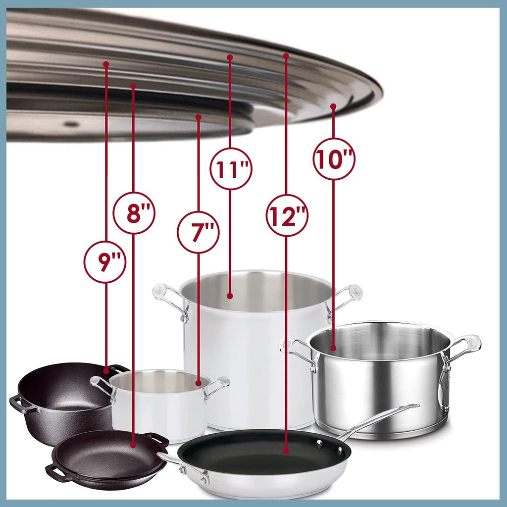 Stainless Steel Universal Lid for Pots, Pans and Skillets - Fits 7" to 12" Pot and Pans - Tempered Glass with Stainless Steel Rim Replacement Frying Pan Cover and Cast Iron Skillet Lid