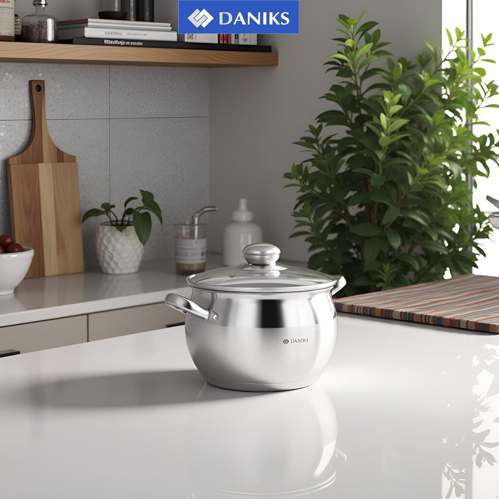 Daniks Classic Stainless Steel Stock Pot with Glass Lid – Induction 3 Quart, Dishwasher Safe, Measuring Scale, For Soup, Pasta, Stew, Silver