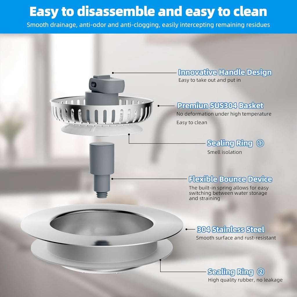 Hibbent 2 Pack 3 in 1 Kitchen Sink Drain Strainer, Stainless Steel Wrapped Shell Drain Stopper Combo, Pop Up Sink Stopper, Anti-Clogging Metal Basket Strainer with Handle for US Standard 3-1/2" Drain