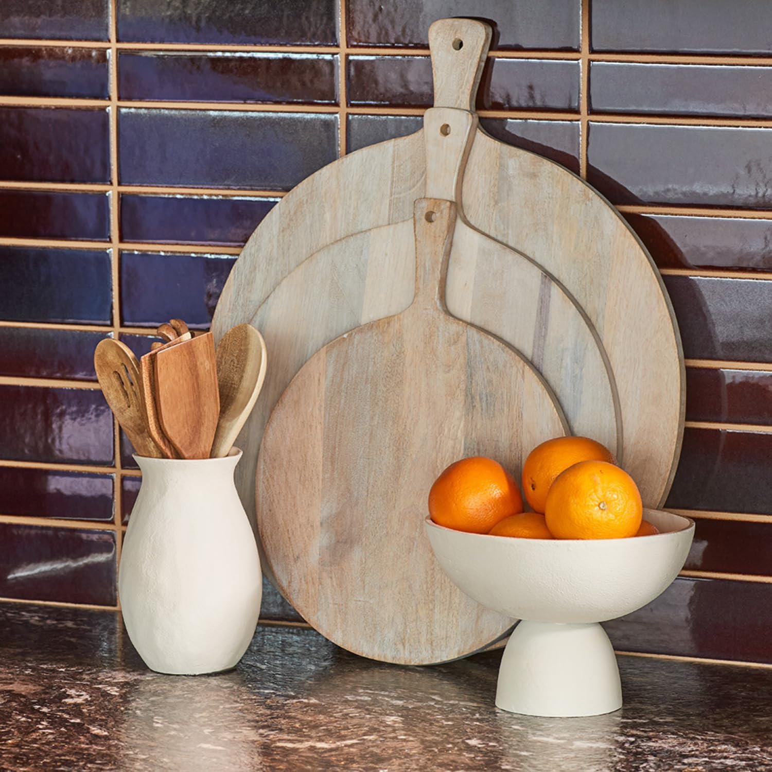 Wood Cutting Board 19in Handmade Round Serving & Chopping Board Paddle with Handle, Premium Home Decor Wooden Cutting Boards for Kitchen Display & Chopping, Light Wood