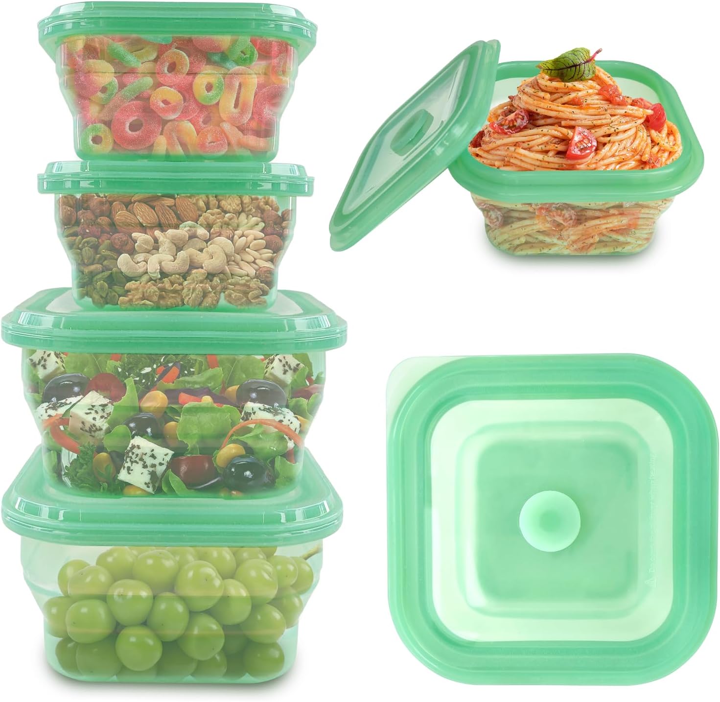 KVK 4 Pack Collapsible Food Storage Containers, Silicone Food Storage Containers With Lids, Green Reusable Collapsible Bowls For Camping, Dishwasher Safe Kitchen Supplies