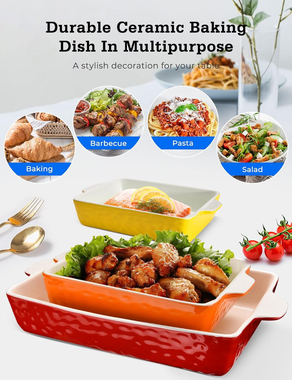 3Pack Ceramic Baking Dish for Oven Large Casserole Baking Dish with Handles Packaging Upgrade Nonstick Ceramic Bakeware for Cooking, Cakes, Lasagna & Gift, Red
