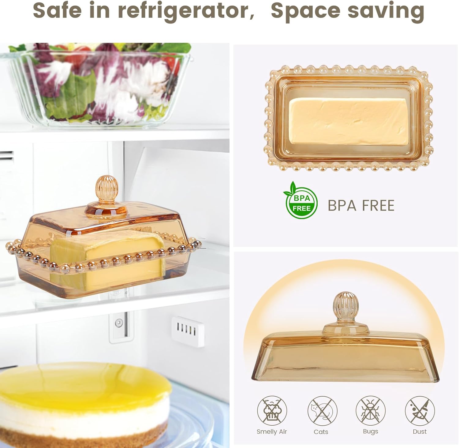 Glass Butter Dish with Lid for Countertop Amber Vintage Crystal Butter Holder for Counter,Covered Glass Butter Keeper on Counter Butter Tray for Refrigerator(Amber)