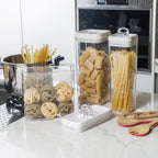 Felli Flip Tite TALL Storage Container with Lid 4" Air Tight Easy Open Ring Top, Clear Acrylic Skinny Canister Jar for Spaghetti Lasagna Fettuccine Noodle, Kitchen Cupboard Pantry Organizer (2.0 qt)