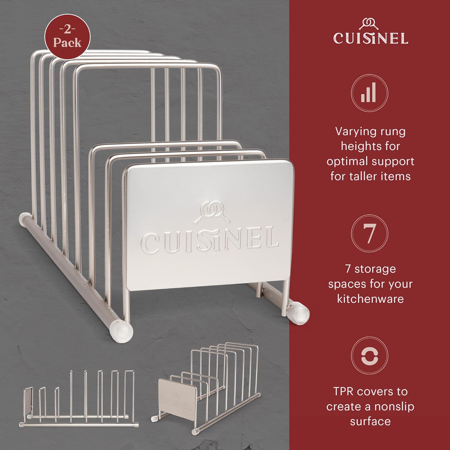 Cuisinel Lid and Dish Organizer Rack - 2-Pack Satin Nickel Kitchen Storage Organization Stand - Plate Holder, Pan/Pot Covers, Cutting Board and Cookie Sheet Divider - 7-Tier Cabinet/Counter Display