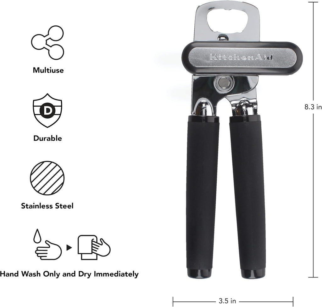 KitchenAid Classic Multifunction Can Opener and Bottle Opener Easy to Use, Razor Sharp Stainless Steel Cutting Wheel, Soft Ergonomic Handles, Soft Black